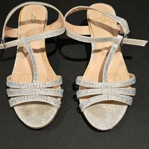 Elegant Silver Strappy Sandals With Almlst 2 Inch Wedge. Needs A Little Cleaning
